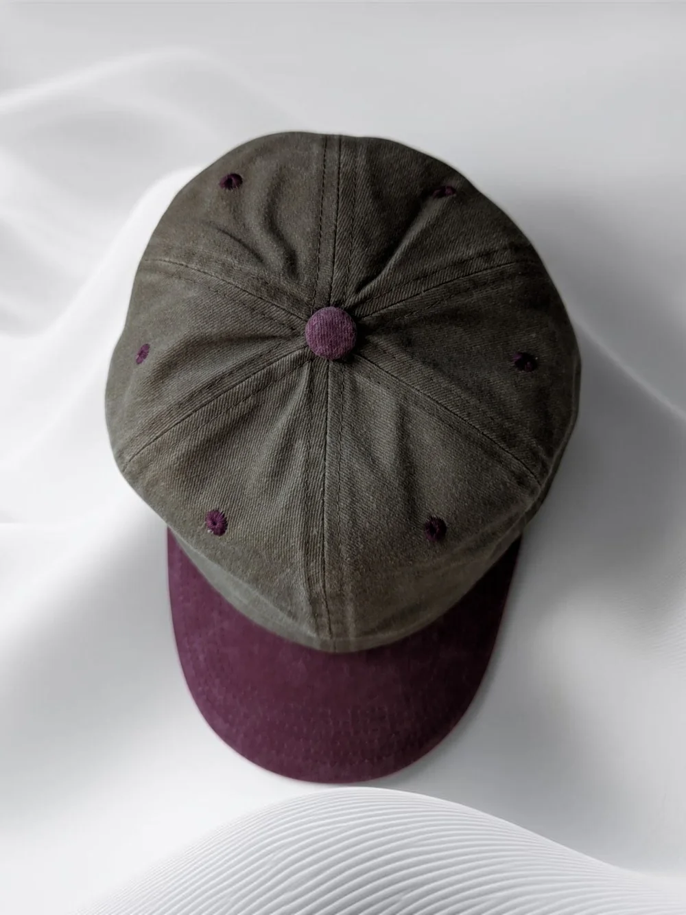 Women's Men's Dyed Washed Two-Tone Olive and Plum Baseball Cap Hat